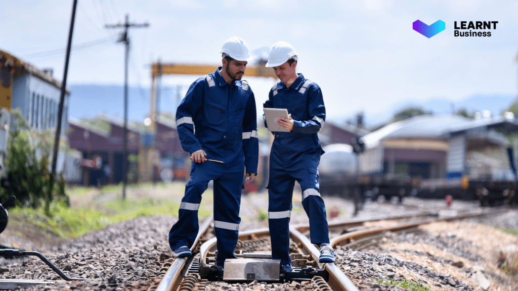 Two workers using a tablet for on-the-job training.